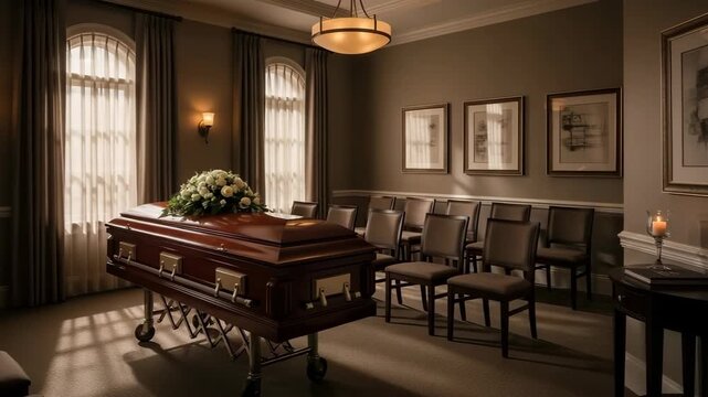 Funeral service hall with coffin and seats offering solemn space. Funeral service showcases arrangements in muted room with decorative coffin, seating for attendees