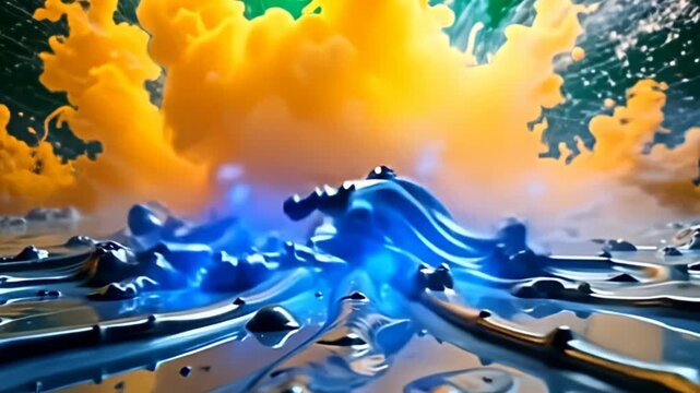 With volatile energy, curve sheet of resound bleary conceptual liquified metal break and reclaim framing the active commons screen, where beat boom of luminous yellowness and galvanizing