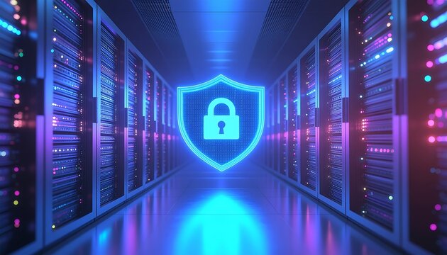 Server Room Security with Neon Blue Shield and Lock Icon