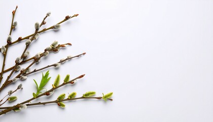 Fototapeta premium Assorted budding branches and sprouting leaves arranged on a clean white background.