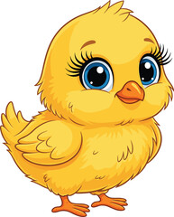 Cute cartoon baby chick with big blue eyes, yellow fluffy feathers, adorable farm animal character, perfect for kids and Easter designs