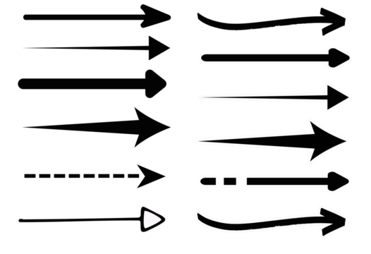Vector design of black arrows with white outlines on a transparent background, infographic UI set