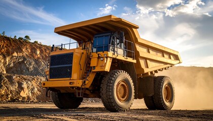 Large yellow dump truck with six wheels in a rocky quarry at sunrise or sunset.