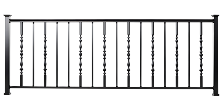 Metal railing with decorative spindles isolated on a transparent background balustrade