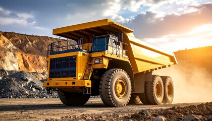 Large yellow dump truck with six wheels in a rocky quarry at sunrise or sunset.