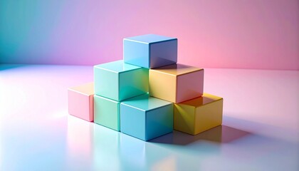 Obraz premium Stacked pastel cubes in pyramid form against a pink-to-blue gradient background with geometric harmony.