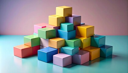 Fototapeta premium Stacked pastel cubes in pyramid form against a pink-to-blue gradient background with geometric harmony.