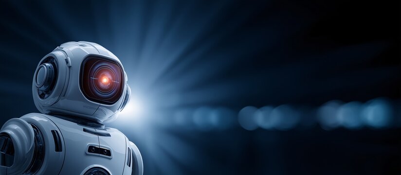 Futuristic robot artificial intelligence glowing eye scanning interface advanced technology blue background digital innovation machine sci fi modern design. humanoid robot with glowing red eye - Powered by Adobe