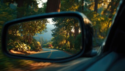 Fototapeta premium A car's side mirror reflecting a winding road through trees at sunset