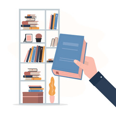 Human hand taking, picking book from bookshelf. Shelf in library, store, at home. Time to read. Bestseller collection in bookstore. Scholarship and educational opportunity.