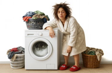 Sleepy Woman in White Robe – Laundry Day Struggle