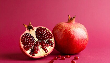 Whole and halved pomegranates with scattered seeds on a vibrant red background.