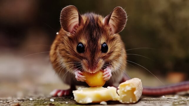 A small brown mouse eats a piece of cheese. - Powered by Adobe