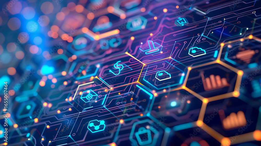 Fototapete abstract data visualization: interconnected network of information with glowing lines and digital sy