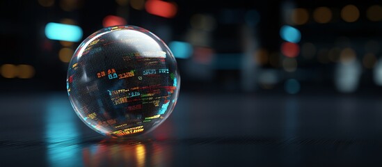 Futuristic holographic globe with digital stock ticker symbol, glowing numbers, and abstract city lights, reflecting technology and finance innovation in modern environment