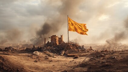 A tattered yellow flag flies over a ravaged landscape