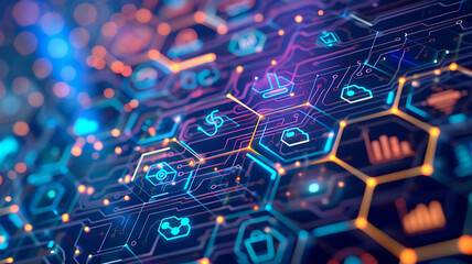Abstract Data Visualization: Interconnected Network of Information with Glowing Lines and Digital Symbols in Deep Blues and Oranges.