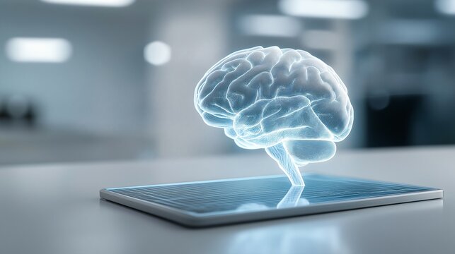 Hologram brain digital tablet futuristic technology artificial intelligence neuroscience innovation glowing modern science research. glowing holographic brain floats above digital tablet - Powered by Adobe