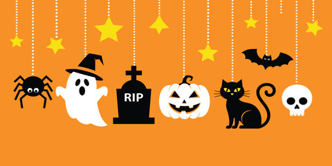 Cute Halloween hanging decorations featuring spider, ghost, tombstone, pumpkin, black cat, bat, and skull on orange background
