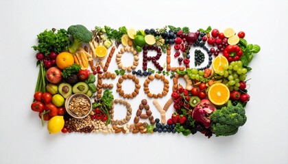 Colorful assortment of fruits and vegetables arranged around bold “WORLD FOOD DAY” text, celebrating global food diversity and nutrition.