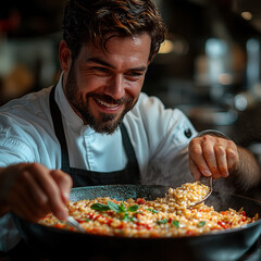 A chef cooking a dish of food.