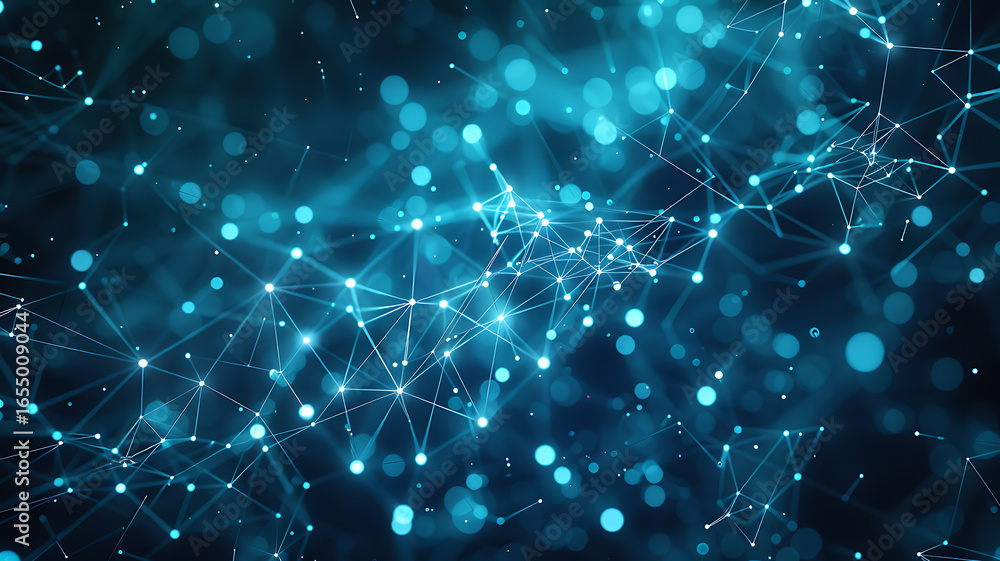 Poster abstract teal background showing a connected network of dots and lines, glowing nodes forming triang