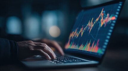 Fototapeta premium Laptop displaying stock chart, hands typing, blurred dark background