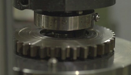 Close-up view of a metallic gear being pressed into place by a machine, showcasing intricate details of industrial manufacturing.