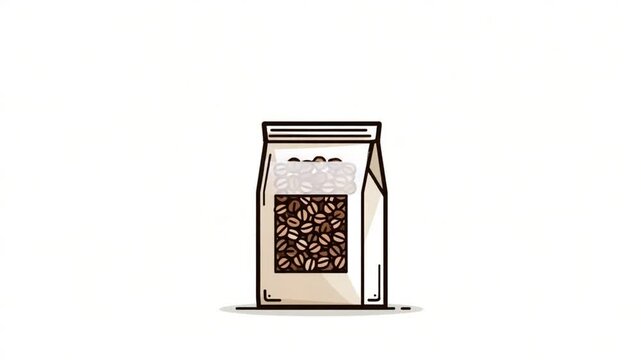 A simple illustration shows coffee beans falling into a light beige pouch with a transparent window displaying more beans; steam rises from the pouch