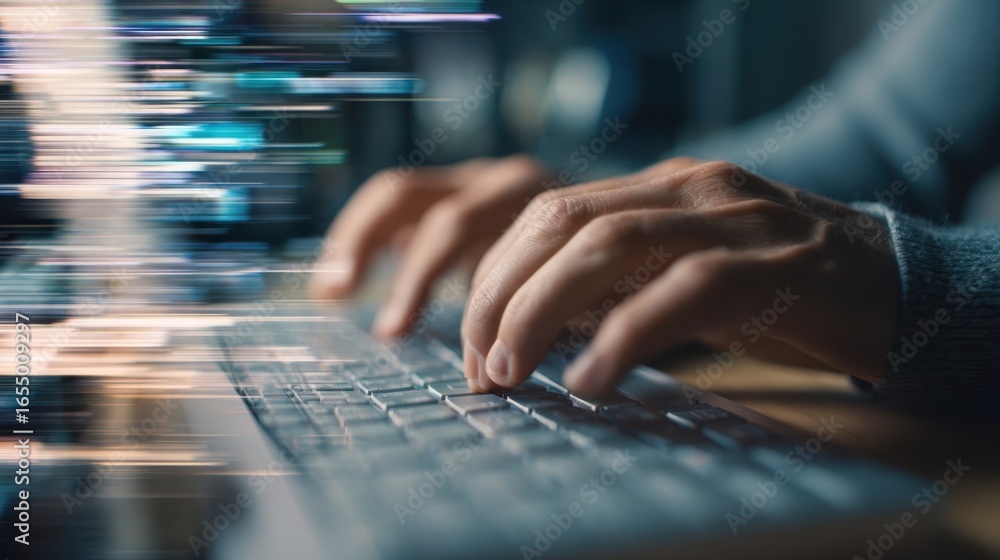 Aufkleber close up of hands typing code on a keyboard, with a futuristic motion blur effect suggesting fast pa