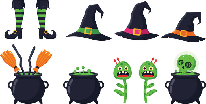 Halloween cartoon icons set with witch hats, legs, cauldrons, potions, brooms, monsters, and spooky skulls, perfect for decorations
