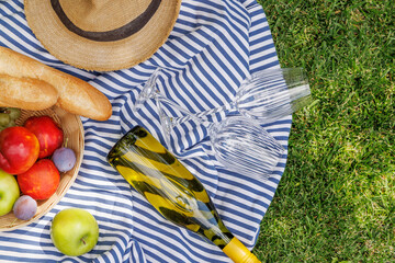 Picnic with wine, fruits, and baguette on a green meadow