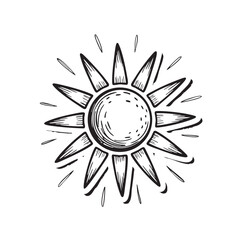 Naklejka premium Hand drawn sun illustration with thick black outlines and radiating light on a white background