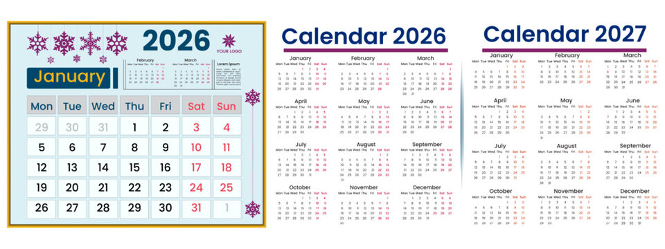 Modern 2026 and 2027 year English vector calendar in monthly layout. Latest English calendar week starts Monday to Sunday. Holidays in calendar are red colour. 2026 and 2027 English calendar design