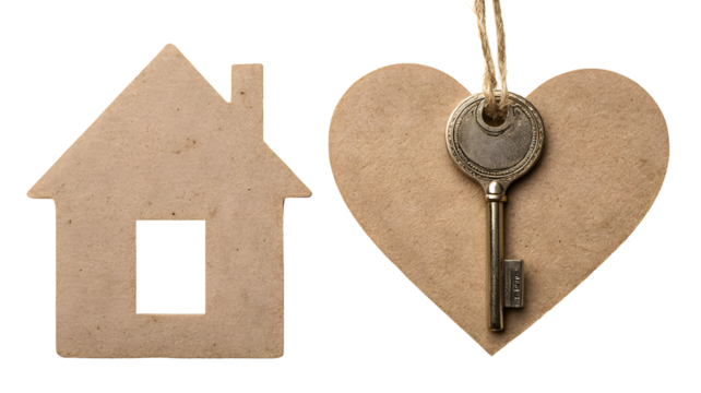 Wooden house and heart with key isolated on transparent background - Powered by Adobe