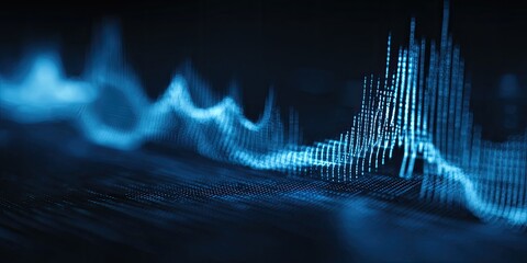 Abstract data visualization graphic.  Complex blue waveforms