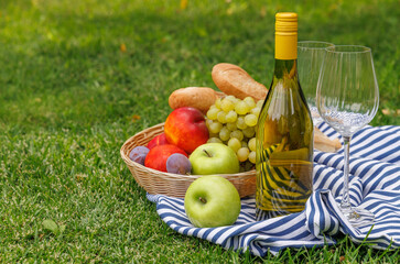 Picnic with wine, fruits, and baguette on a green meadow