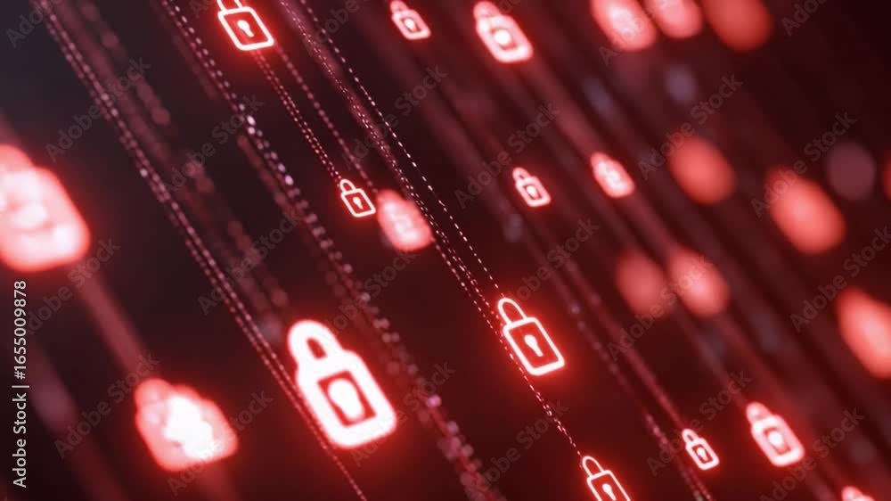 Poster cybersecurity visualization: dynamic red streams of data cascade with luminous lock icons, symbolizi