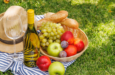 Picnic with wine, fruits, and baguette on a green meadow