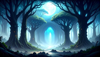 Mystical forest under a full moon