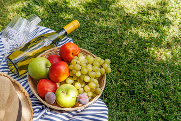 Picnic with wine, fruits, and baguette on a green meadow