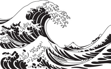 Japanese Great Wave off Kanagawa style black and white illustration ocean water