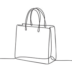 A simple line drawing of a shopping bag with handles on a white background in a minimalist style