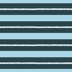 Nautical ropes with bright horizontal stripes of dark and light blue, highlighted with neat ink shading. Hand-drawn ink drawing. Seamless pattern for nautical branding, apparel, labels and design