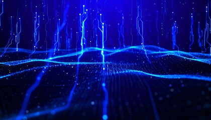 A dynamic digital landscape of glowing blue particles and circuit lines creates a futuristic and technologically advanced visual.