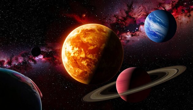 A vibrant display of planets and nebulae in deep space, featuring a fiery orange planet, a ringed planet, and a cool blue planet, all set against a rich backdrop of cosmic dust and distant stars.