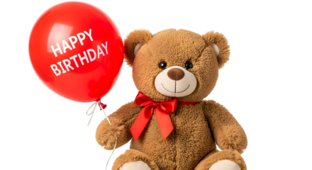 Teddy bear holding birthday balloon, isolated on white background