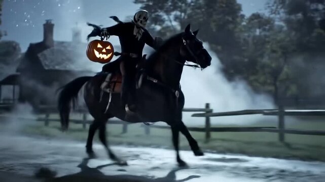 A spooky depiction of the Headless Horseman riding a dark horse through a foggy night, carrying a glowing pumpkin.