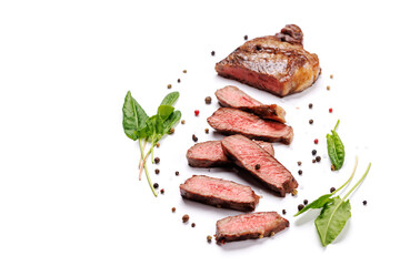 A perfectly cooked sliced striploin steak with a juicy, tender texture