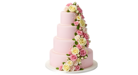 Three-tier floral birthday cake with fondant roses, isolated on white background